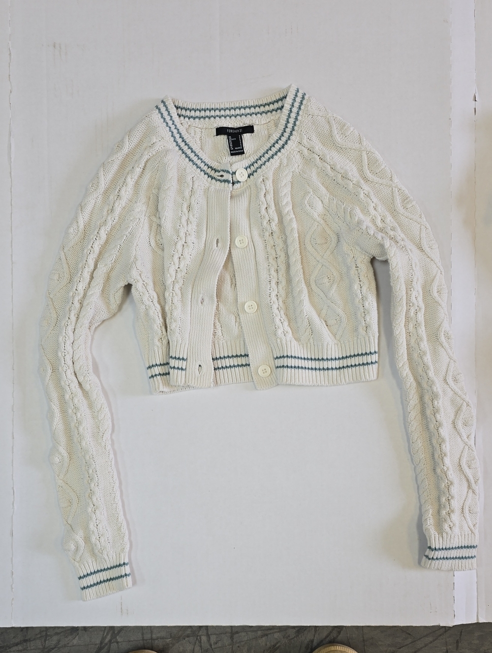 Forever 21 Cream Cropped Cable-Knit Cardigan with Green Trim